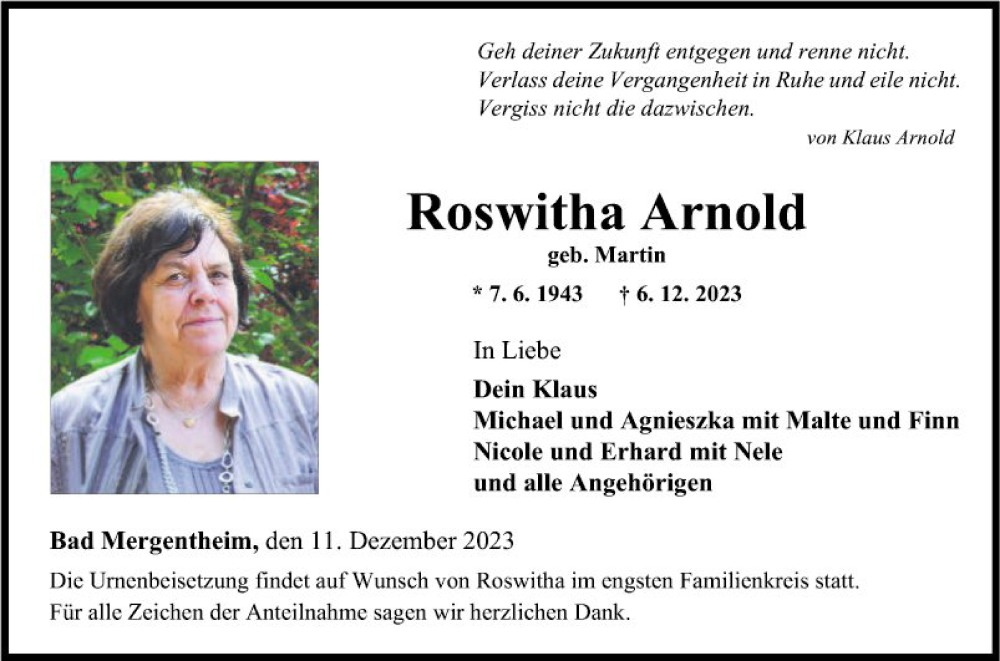  Traueranzeige für Roswitha Arnold vom 11.12.2023 aus Fränkische Nachrichten