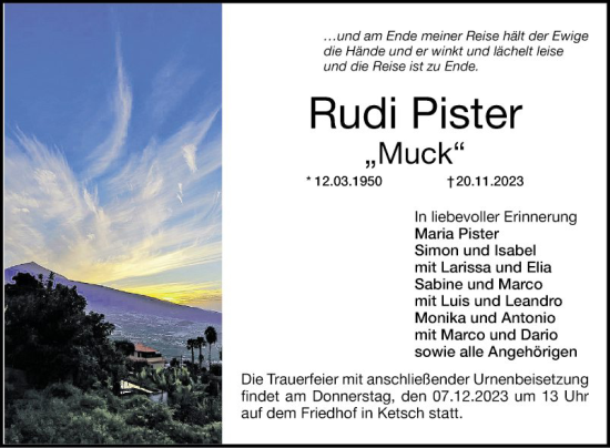 Traueranzeige von Rudi Pister von Schwetzinger Zeitung