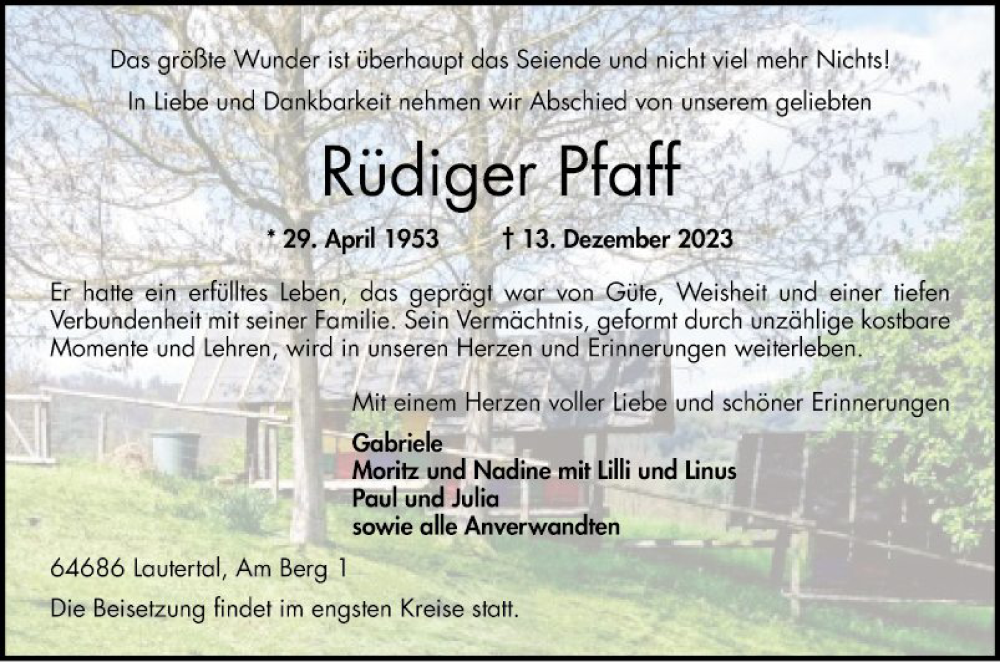  Traueranzeige für Rüdiger Pfaff vom 30.12.2023 aus Bergsträßer Anzeiger