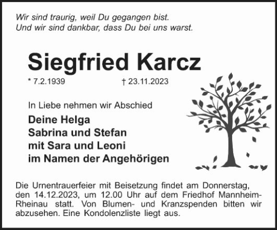 Traueranzeige von Siegfried Karcz von Mannheimer Morgen