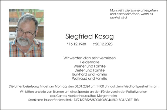 Traueranzeige von Siegfried Kosog von Fränkische Nachrichten