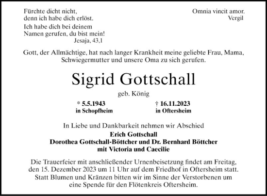 Traueranzeige von Sigrid Gottschall von Schwetzinger Zeitung