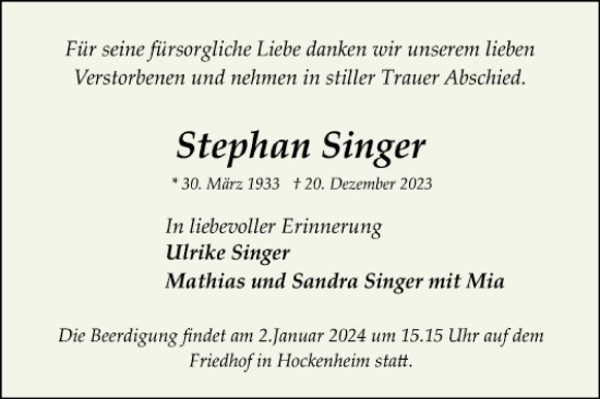 Traueranzeige von Stephan Singer von Schwetzinger Zeitung