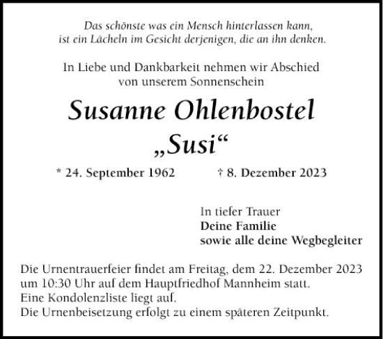 Traueranzeige von Susanne Ohlenbostel von Mannheimer Morgen
