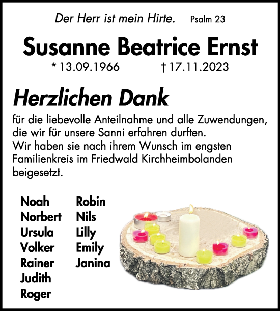 Traueranzeige von Susanne Beatrice Ernst von Mannheimer Morgen