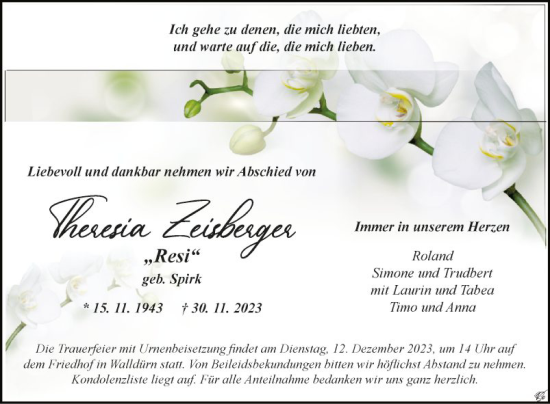 Traueranzeige von Theresia Zeisberger von Fränkische Nachrichten