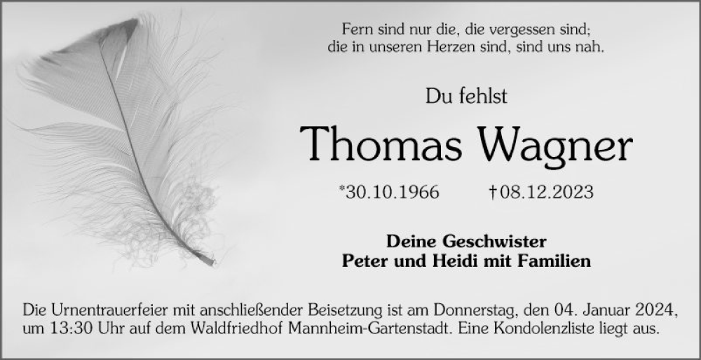  Traueranzeige für Thomas Wagner vom 30.12.2023 aus Mannheimer Morgen