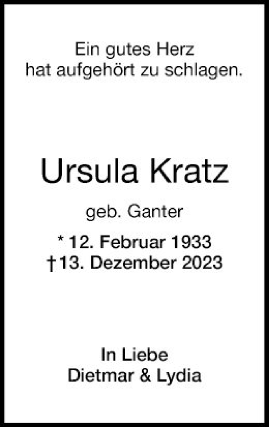 Traueranzeige von Ursula Kratz von Mannheimer Morgen