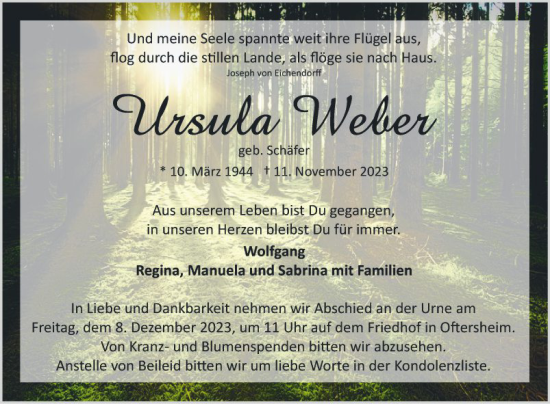 Traueranzeige von Ursula Weber von Schwetzinger Zeitung