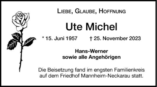 Traueranzeige von Ute Michel von Mannheimer Morgen