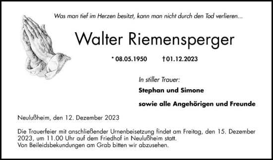Traueranzeige von Walter Riemensperger von Schwetzinger Zeitung
