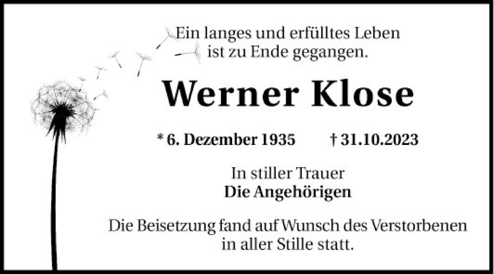  Traueranzeige für Werner Klose vom 02.12.2023 aus Mannheimer Morgen