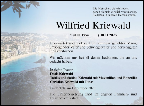 Traueranzeige von Wilfried Kriewald von Bergsträßer Anzeiger