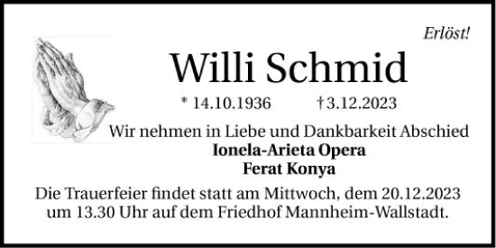 Traueranzeige von Willi Schmid von Mannheimer Morgen