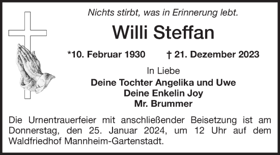 Traueranzeige von Willi Steffan von Mannheimer Morgen