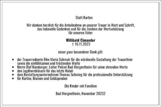 Traueranzeige von Willibald Cimander von Fränkische Nachrichten