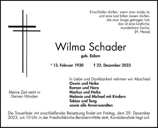 Traueranzeige von Wilma Schader von Bergsträßer Anzeiger