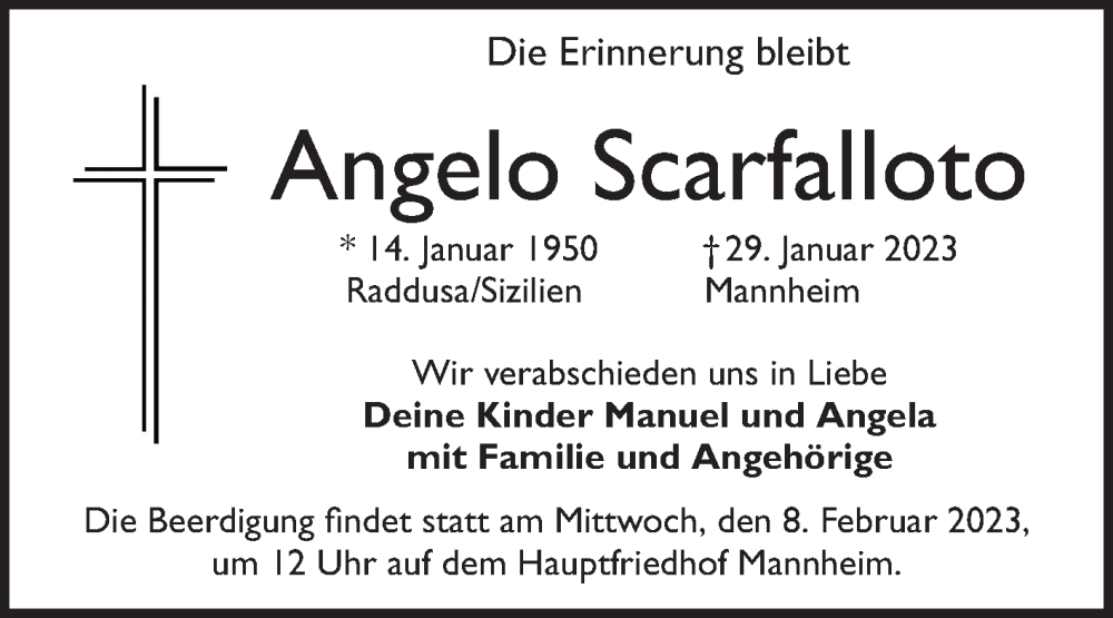  Traueranzeige für Angelo Scarfalloto vom 04.02.2023 aus Mannheimer Morgen