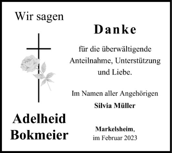 Traueranzeige von Adelheid Bokmeier von Fränkische Nachrichten