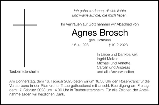 Traueranzeige von Agnes Brosch von Fränkische Nachrichten