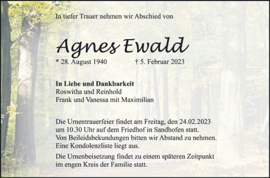 Traueranzeige von Agnes Ewald von Mannheimer Morgen