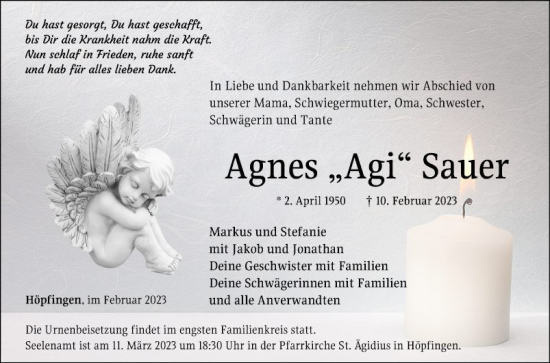 Traueranzeige von Agnes Sauer von Fränkische Nachrichten