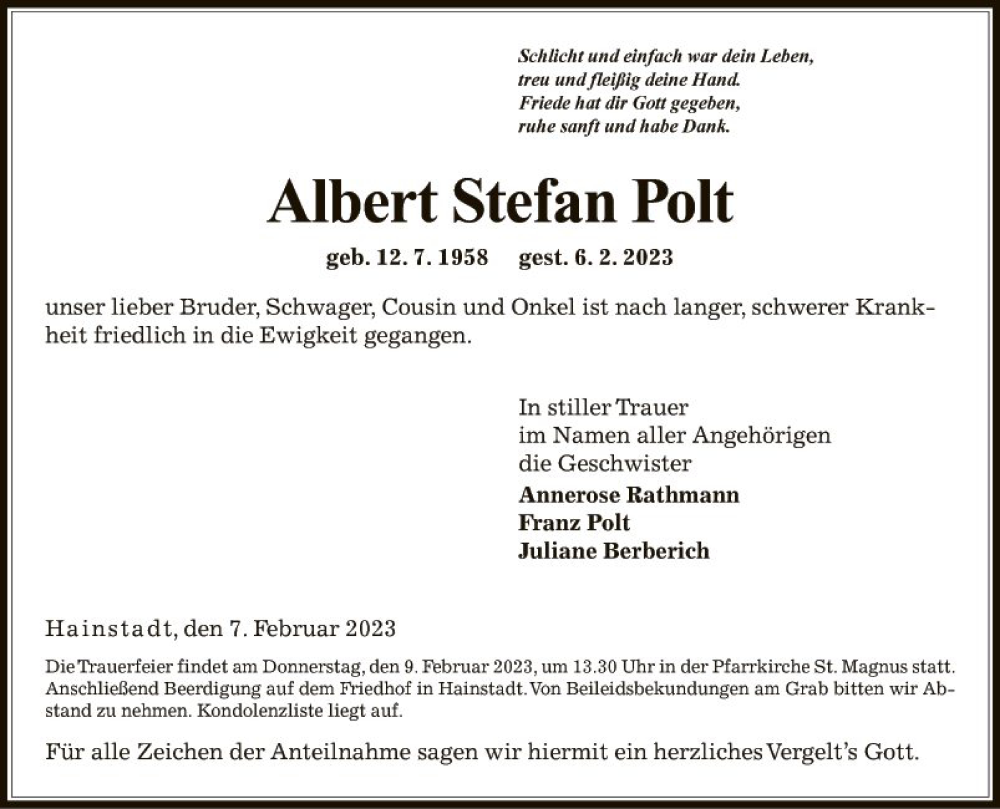  Traueranzeige für Albert Stefan Polt vom 08.02.2023 aus Fränkische Nachrichten