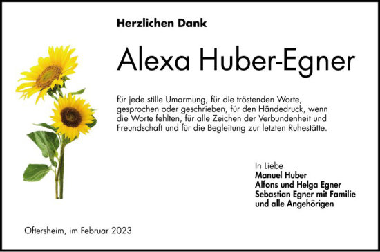 Traueranzeige von Alexa Huber-Egner von Schwetzinger Zeitung