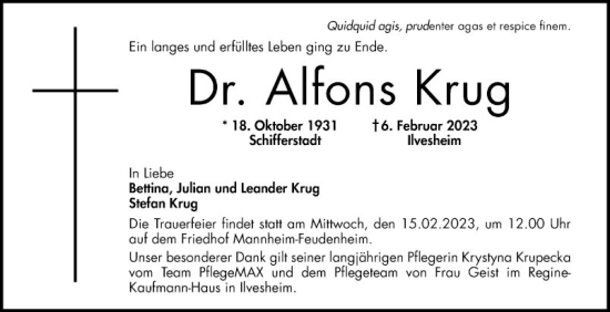 Traueranzeige von Alfons Krug von Mannheimer Morgen