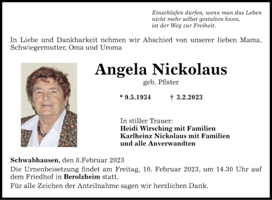 Traueranzeige von Angela Nickolaus von Fränkische Nachrichten