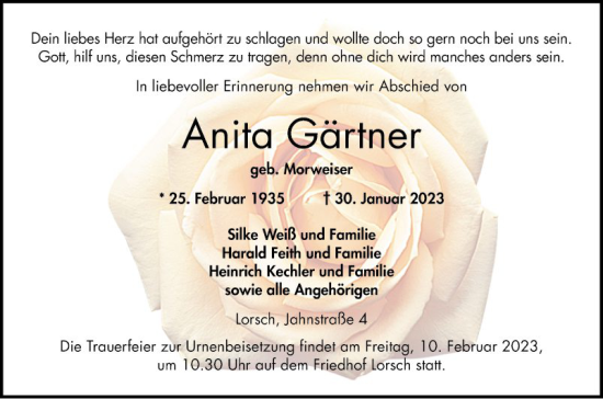 Traueranzeige von Anita Gärtner von Bergsträßer Anzeiger