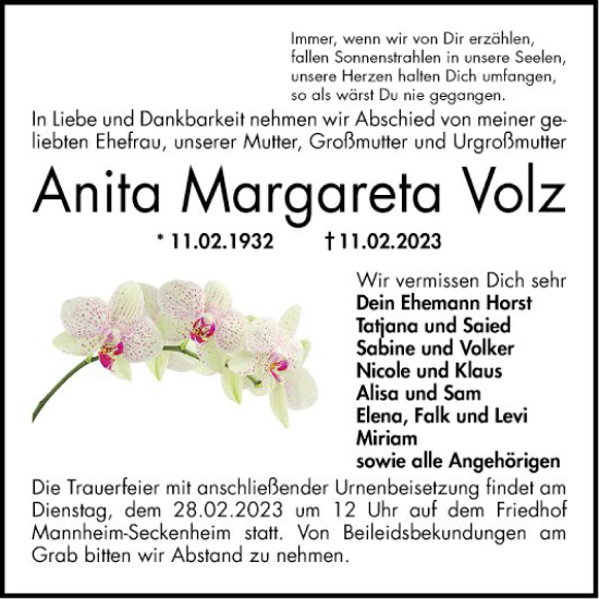 Traueranzeige von Anita Margareta Volz von Mannheimer Morgen