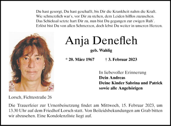 Traueranzeige von Anja Denefleh von Bergsträßer Anzeiger