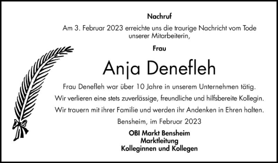 Traueranzeige von Anja Denefleh von Bergsträßer Anzeiger