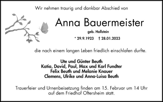 Traueranzeige von Anna Bauermeister von Schwetzinger Zeitung