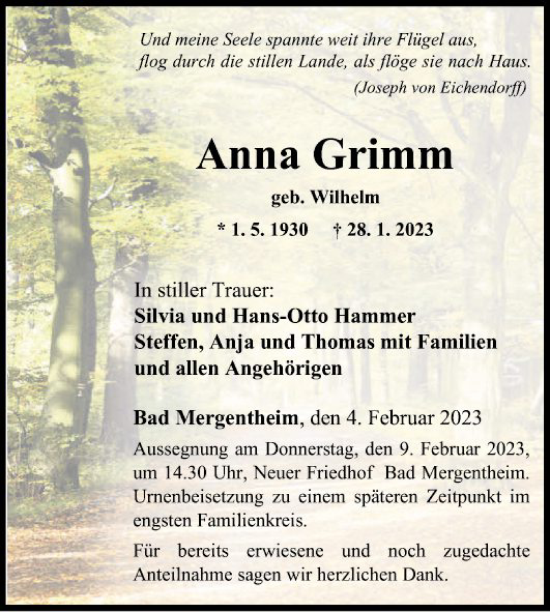 Traueranzeige von Anna Grimm von Fränkische Nachrichten