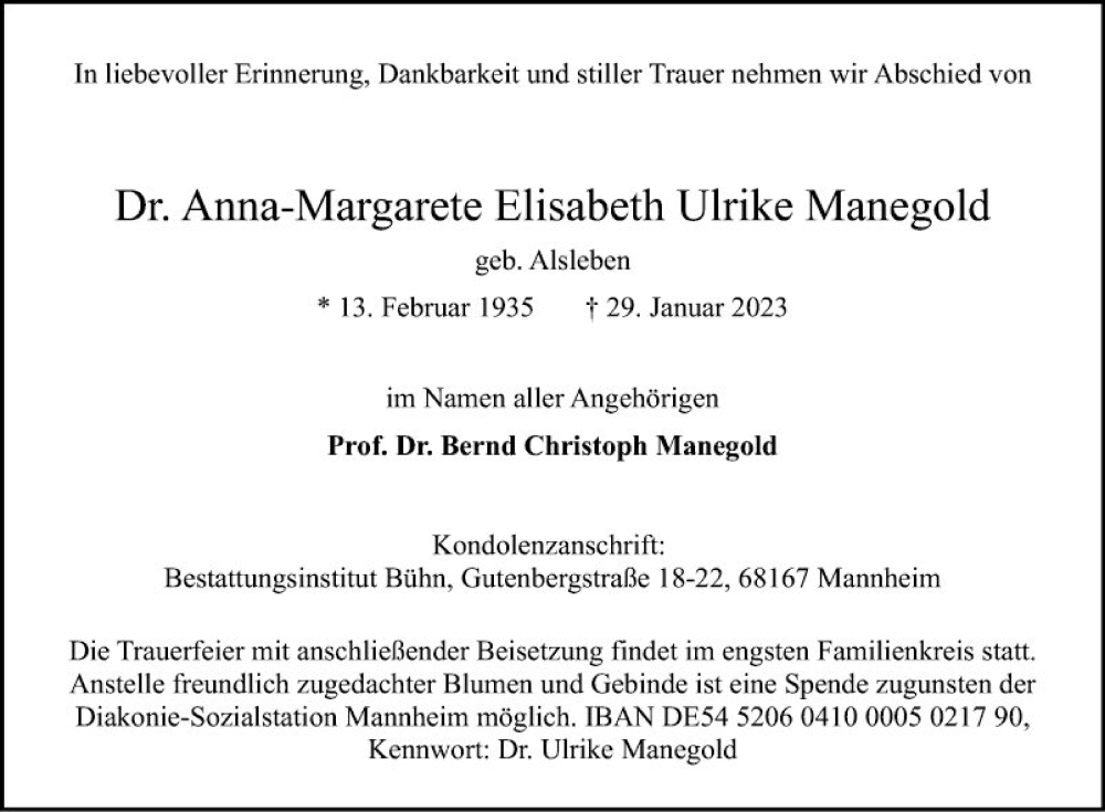 Traueranzeige für Anna-Margarete Elisabeth Ulrike Manegold vom 04.02.2023 aus Mannheimer Morgen