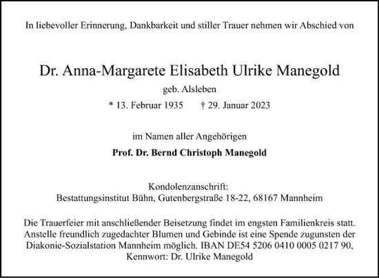 Traueranzeige von Anna-Margarete Elisabeth Ulrike Manegold von Mannheimer Morgen