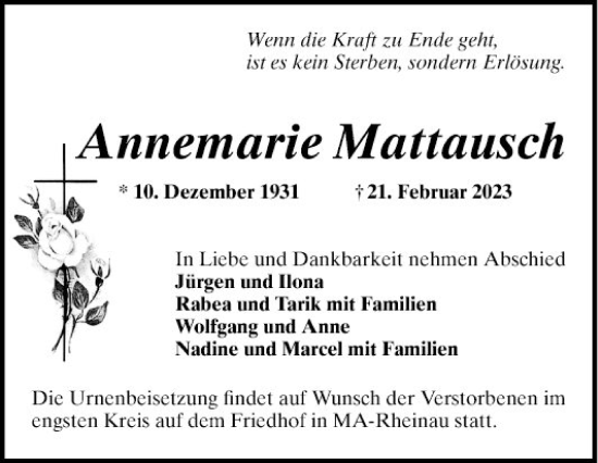 Traueranzeige von Annemarie Mattausch von Mannheimer Morgen