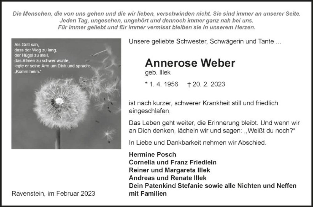  Traueranzeige für Annerose Weber vom 25.02.2023 aus Fränkische Nachrichten