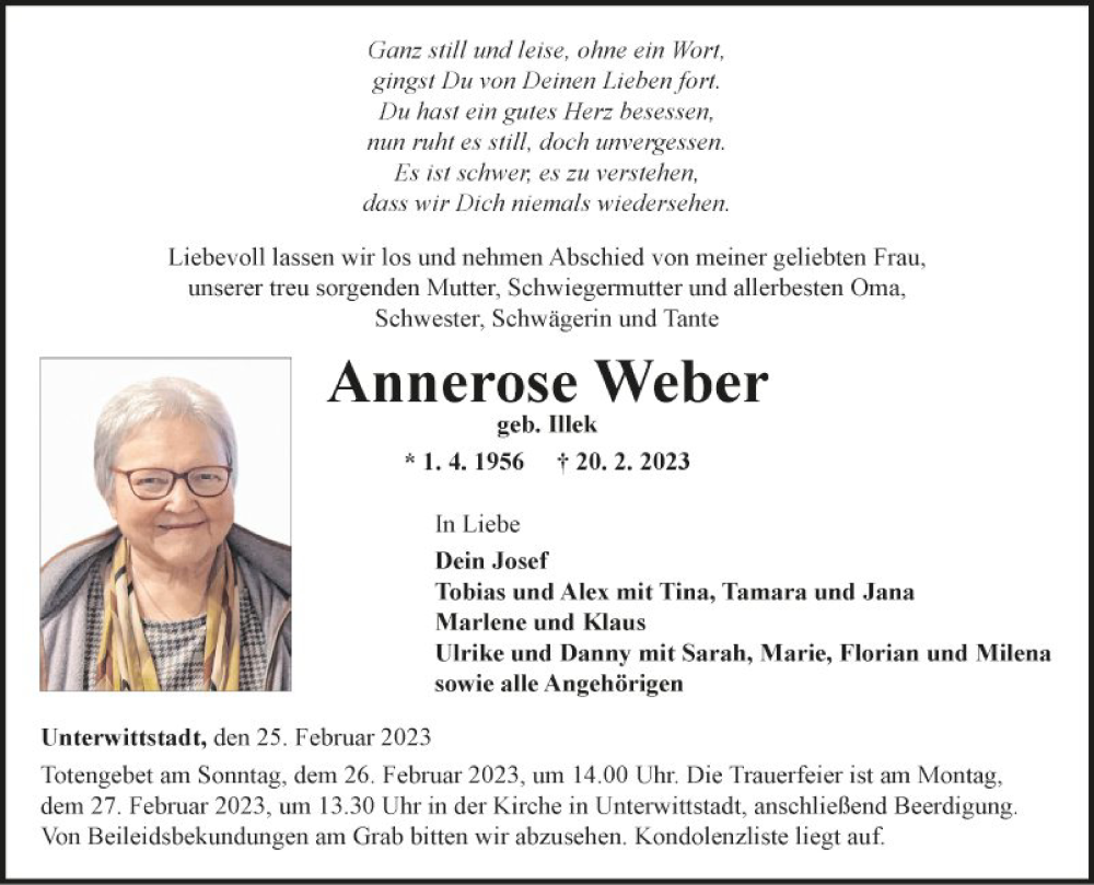  Traueranzeige für Annerose Weber vom 25.02.2023 aus Fränkische Nachrichten