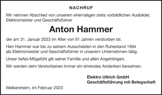 Traueranzeige von Anton Hammer von Fränkische Nachrichten