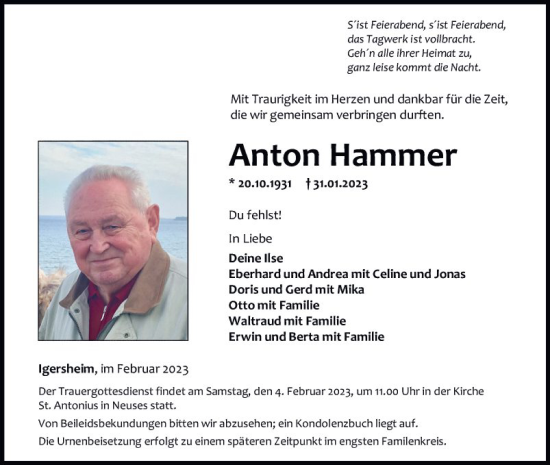 Traueranzeige von Anton Hammer von Fränkische Nachrichten