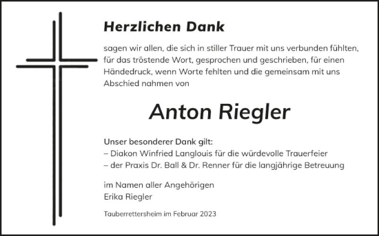 Traueranzeige von Anton Riegler von Fränkische Nachrichten