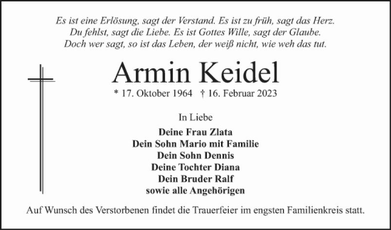 Traueranzeigen Von Armin Keidel | Trauerportal Ihrer Tageszeitung