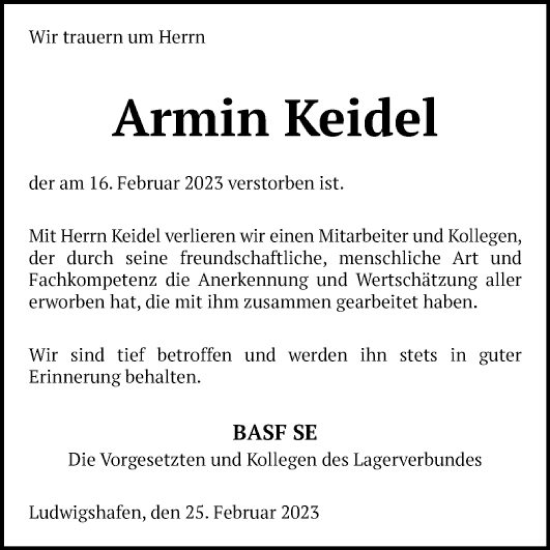 Traueranzeige von Armin Keidel von Mannheimer Morgen