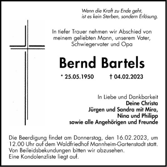 Traueranzeige von Bernd Bartels von Mannheimer Morgen