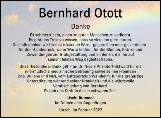 Traueranzeige von Bernhard Otott von Bergsträßer Anzeiger