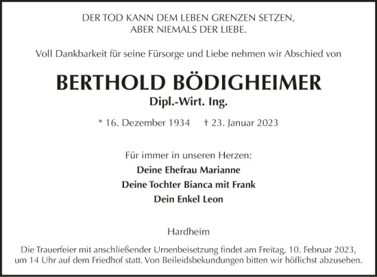 Traueranzeige von Berthold Bödigheimer von Fränkische Nachrichten