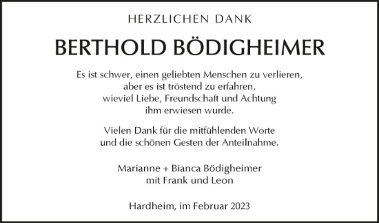 Traueranzeige von Berthold Bödigheimer von Fränkische Nachrichten